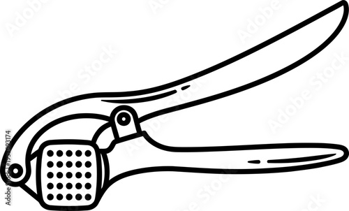 Garlic Press Line Art Icon, Stainless Steel Garlic Crusher Utensil, Minimalist Kitchen Tool Vector Illustration, Cooking Gadget Outline