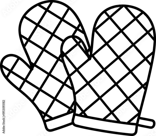 Quilted Oven Mitts Line Art Icon, Kitchen Heat Protection Gloves for Baking, Minimalist Cooking Accessory Vector Illustration, Safety Potholder Outline