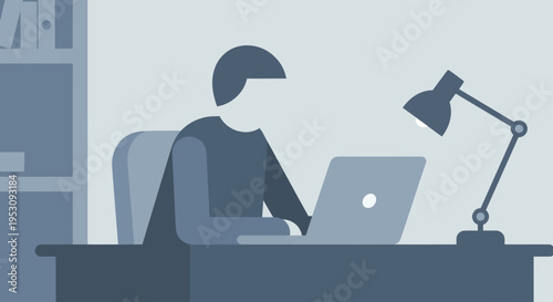 Man Working on Laptop at Desk with Lamp.