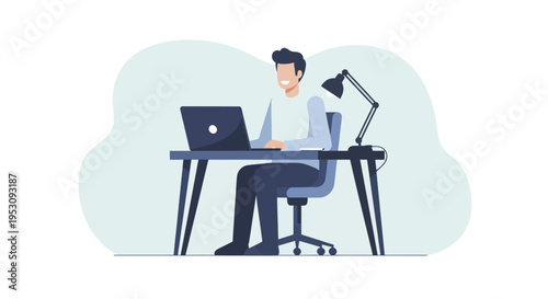Man working on laptop at desk with lamp.