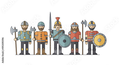 Medieval Warriors Standing Together with Weapons and Shields.