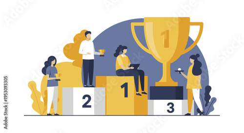 People celebrating success on a winners podium with a large trophy.