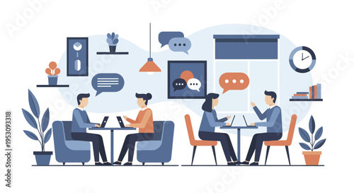 People engaged in a business meeting or discussion in a modern office setting.