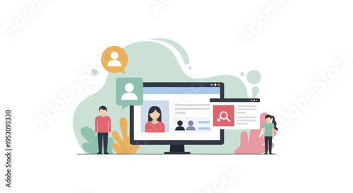 People interacting with online user profiles and social media accounts on a computer screen.