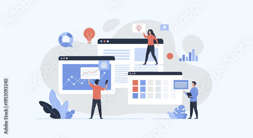 People interacting with multiple web browser interfaces and data visualization elements.