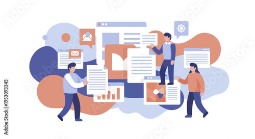 People interacting with various documents and data, managing information flow.