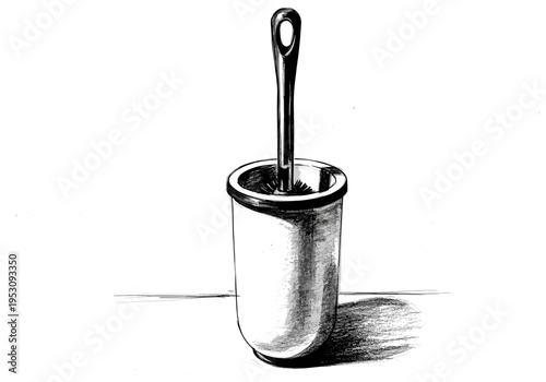 Hand-drawn illustration of a toilet brush and holder on a white background