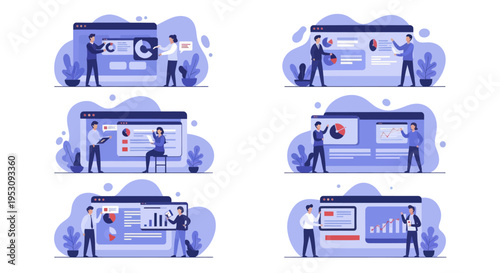 People interacting with various web interfaces and data analysis tools.