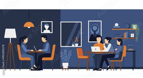 People working and collaborating in a modern office setting.