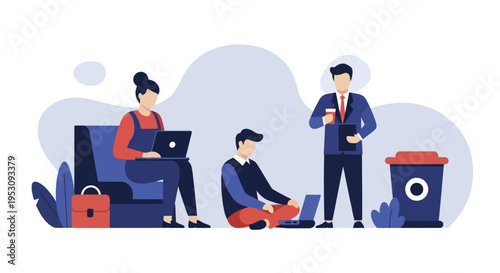 People working remotely with laptops and coffee.