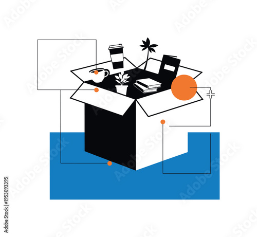 Black and white delivery box with visible product silhouettes emerging, bold blue block grounding lower composition, orange circular accent near the opening,