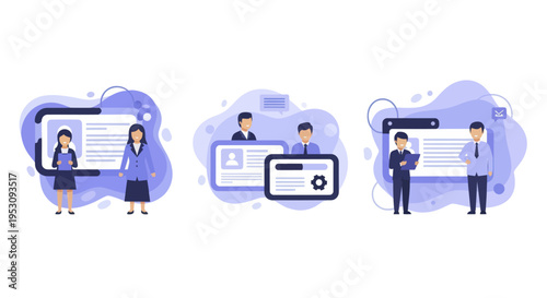 Set of three illustrations depicting people interacting with digital and physical ID cards and profiles.