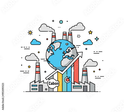 Carbon emissions growth shown by a globe surrounded by factories and smokestacks emitting colored clouds, symbolizing global warming and industrial influence.
