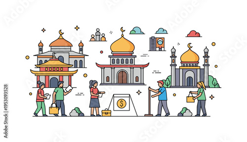 Citizens practicing civic duties and community service in a secular context near temples, churches, and mosques, emphasizing harmony between social