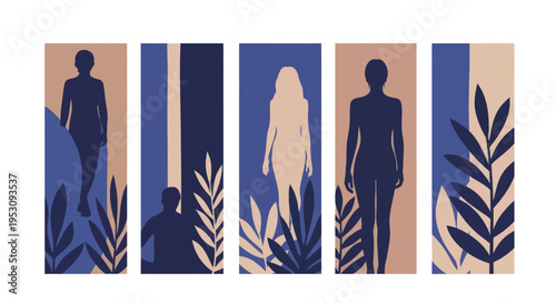 Silhouettes of diverse individuals standing amidst tropical foliage.