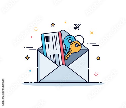 Travel itinerary confirmation email envelope icon opening to reveal boarding pass and hotel key symbols inside. A compact concept badge about finalizing plans