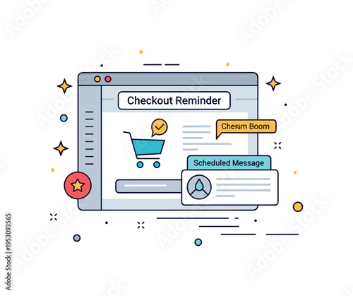 Checkout reminder automation centered on a simplified dashboard panel with a cart icon and scheduled message indicator, reflecting smart ecommerce tools. A