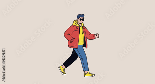 Stylish Young Man Walking Confidently in Casual Streetwear Fashion.
