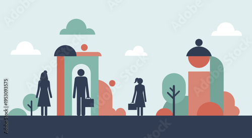 Stylized figures in a minimalist urban landscape with abstract architecture.