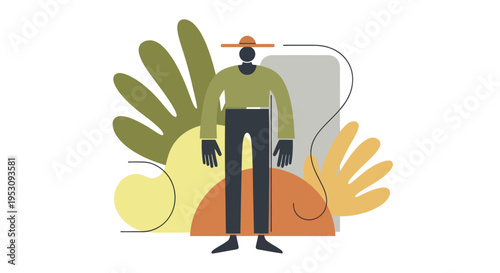 Stylized illustration of a tall, slender man wearing a hat and casual clothing.