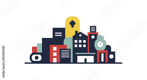 Stylized illustration of a vibrant urban cityscape with diverse buildings.