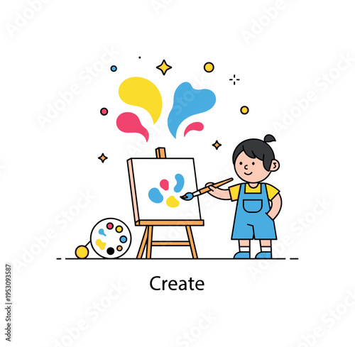 Art class inspiration featuring a child with a paintbrush as bright abstract shapes bloom above the canvas. Tiny star details and a gentle ?Create? caption