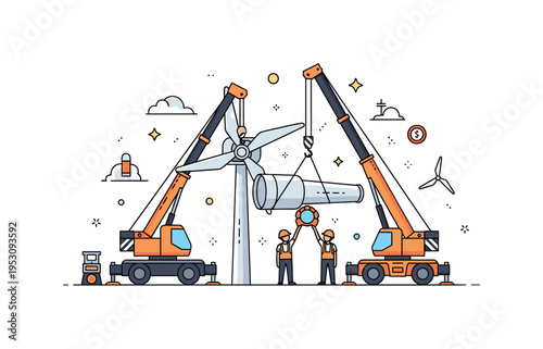 Utility crew assembling wind turbine components with cranes and safety equipment, emphasizing renewable energy, teamwork, and modern infrastructure. Minimalist