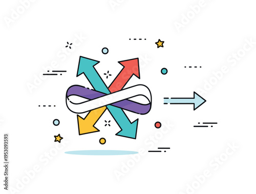 Workflow tangle represented by crisscrossing arrows forming a messy path, contrasted with a small straight arrow showing streamlined direction. The