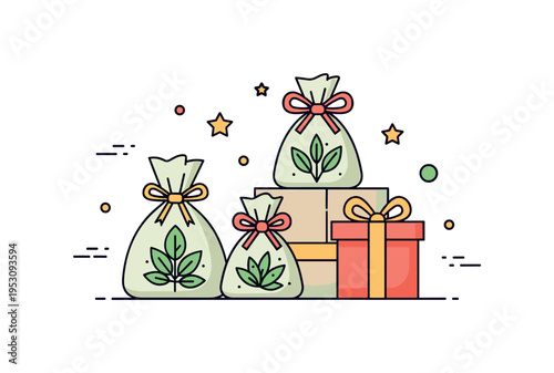 Herbal sachets tied with ribbons displayed in a gift box, conveying thoughtful handmade charm and aromatic delight for friends or family. Minimalist flat