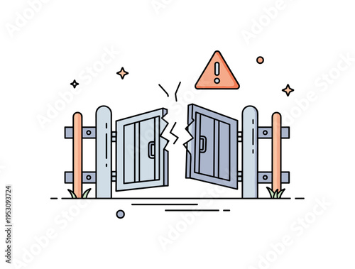 Broken gate symbolizing vulnerability and unauthorized access shown as a simple fence with one panel tilted open and a small warning triangle nearby,