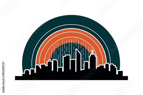 Black and white city skyline beneath a storm, bold semicircles arching above like heavy cloud layers, thin vertical lines suggesting rainfall, retro cut-out