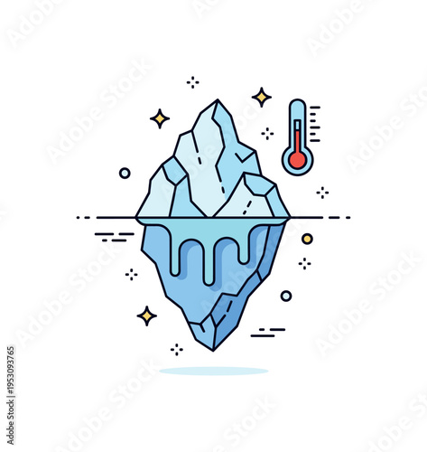 Polar ice loss illustrated through a melting iceberg with visible water drips and a subtle thermometer icon, expressing rising global temperatures and fragile