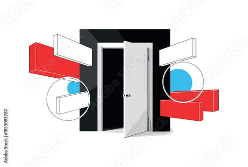 Black and white doorway with an oversized open door symbolizing inclusion, abstract rectangles and circular forms floating around like architectural modules,