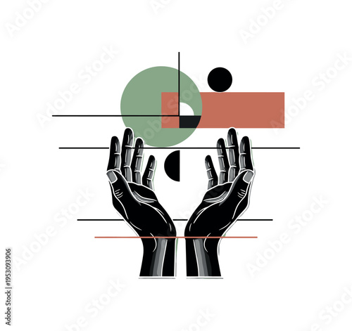 A monochrome pair of hands gently open upward, intersected by abstract flat circular shapes and rectangular color blocks representing giving and receiving,