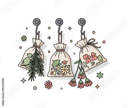 Herbal sachets hanging from hooks in a cozy kitchen, with rosemary and dried flowers, creating a welcoming and aromatic atmosphere. Minimalist flat vector