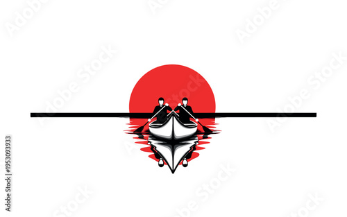 Front-facing black and white canoe with paddlers reflected symmetrically, bold red half-circle rising behind like a sunset, thin horizontal baseline separating