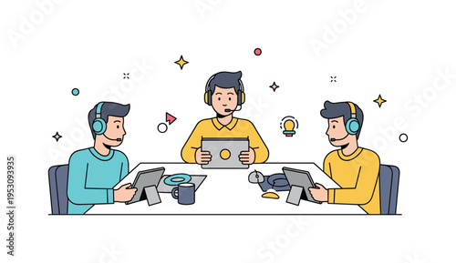 Esports players strategizing with digital tablets and headsets at a team table, emphasizing collaboration, tactics, and high-level competition. Minimalist flat