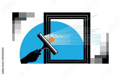 Black and white window frame being cleaned with squeegee silhouette, bright blue semicircle behind like clear sky, thin horizontal streak lines suggesting wipe