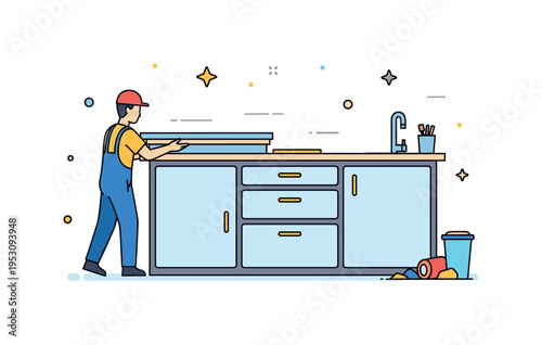 Installing a kitchen countertop with a worker carefully aligning a sleek surface onto cabinets, emphasizing precision, craftsmanship, and home improvement.