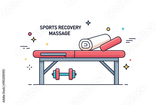 Sports recovery massage sturdy massage table with rolled towel and small dumbbell icon nearby, emphasizing muscle care after physical activity. A dynamic yet