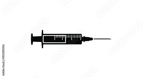 Medical syringe icon with needle for healthcare and vaccination concepts in modern black and white illustration style