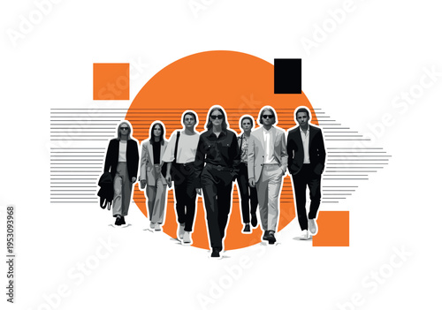 Black and white realistic group of people walking through a fashion trade show hall, stylish outfits visible, placed slightly off-center, layered with a bold