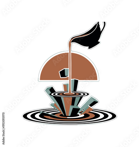 A realistic monochrome gravy boat pouring sauce, the liquid transforming into concentric circular ripples and abstract blocks beneath, bold flat semicircle