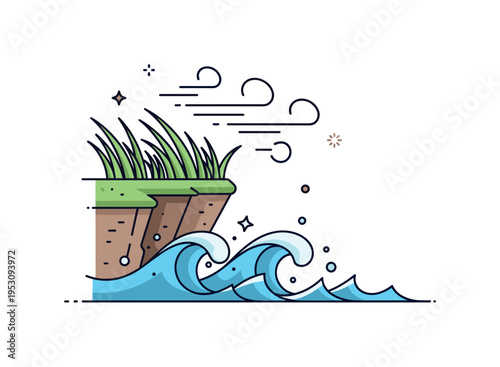 Wind swept coastal edge featuring stylized grass shapes bending at the top of a cliff while waves roll below, expressing motion and fresh ocean air. The neat