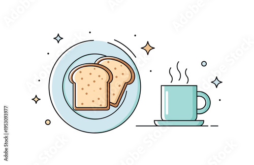 Morning coffee and toast moment illustrated through a simple plate with toast slices and a steaming mug, expressing minimal and comforting breakfast ritual.