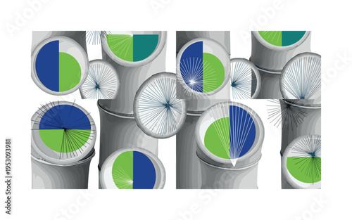 Black and white bamboo stalk cross-section enlarged like a graphic pattern, repeating circular nodes emphasized with bold green and deep blue flat shapes,