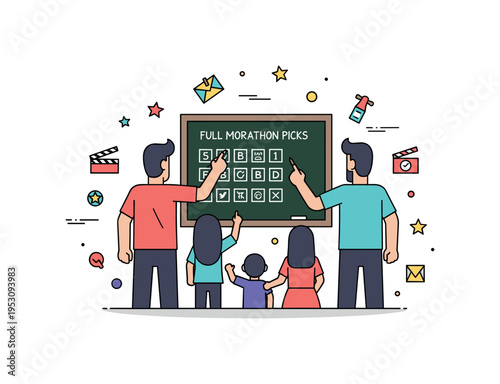 Family members making a schedule of movie picks on a small chalkboard, planning a full marathon day together and enjoying teamwork. Minimalist flat vector