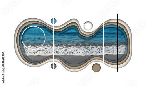 A monochrome shoreline with gentle waves touching sand, realistic water texture combined with sharp geometric circles and vertical line elements intersecting