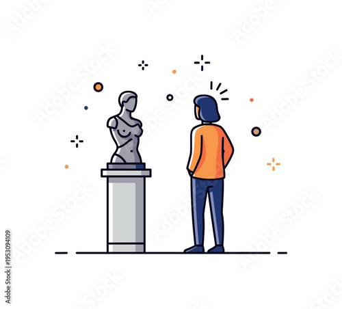 Museum tour moment visitor silhouette standing before a sculpture on a simple pedestal. A thoughtful micro scene capturing quiet reflection and artistic