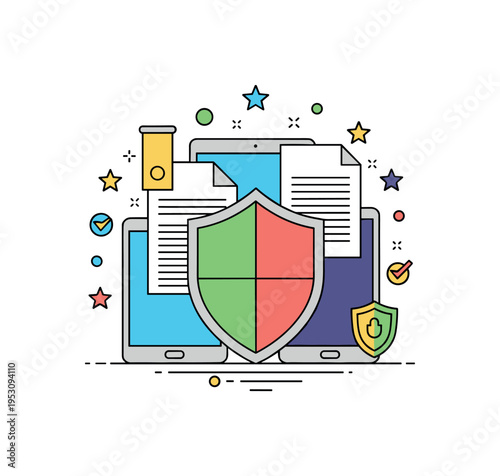 Cybersecurity shield protecting a variety of digital files and devices, including tablets and phones, conveying comprehensive digital asset safety. Minimalist